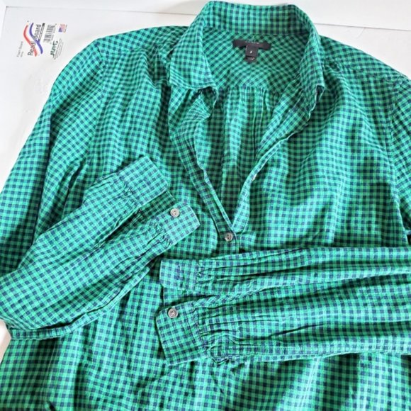 J. CREW Gathered Popover Gingham Navy Green Plaid 2 - Picture 4 of 9
